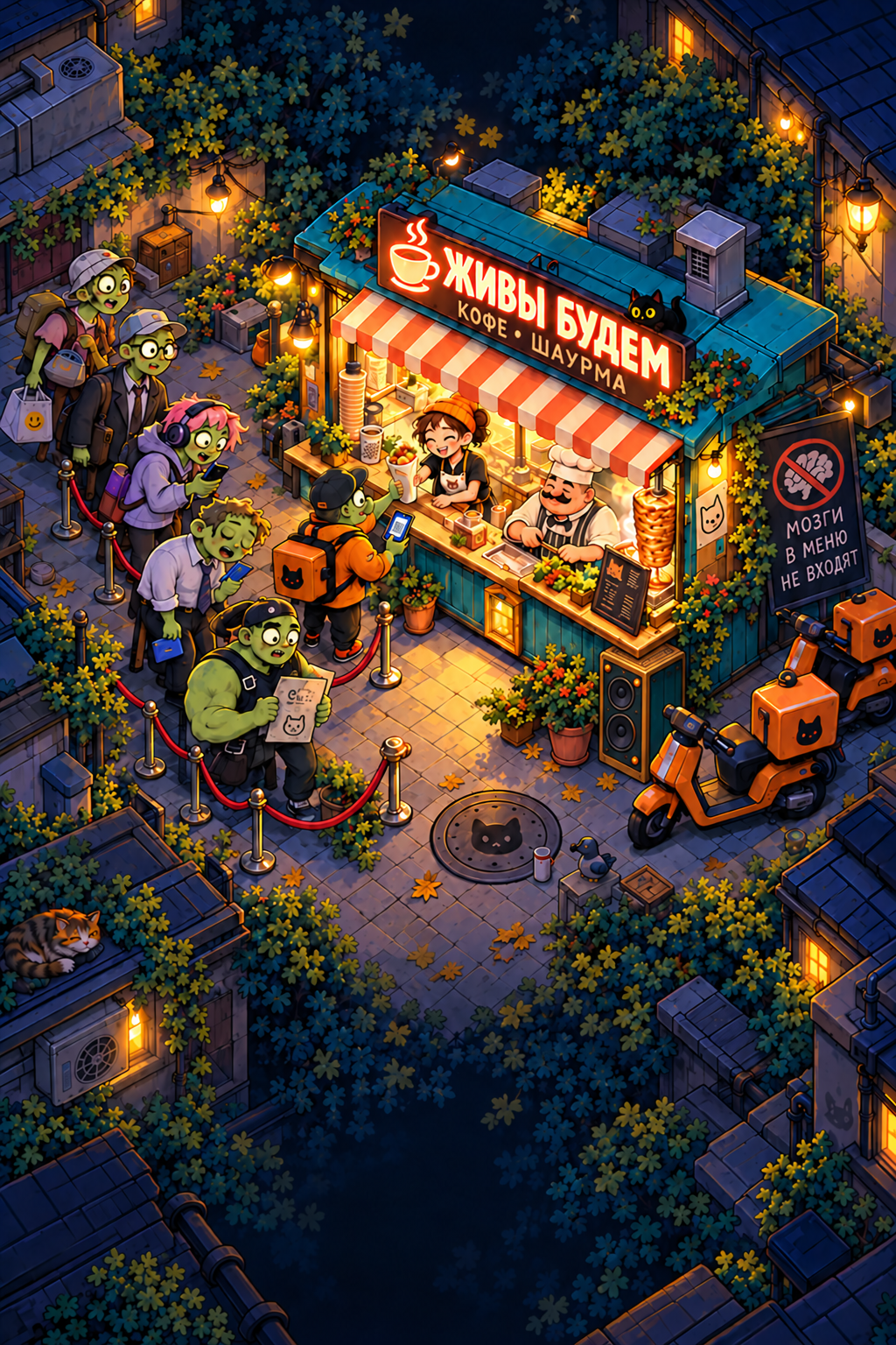 Уютный ночной киоск и необычная очередь посетителей